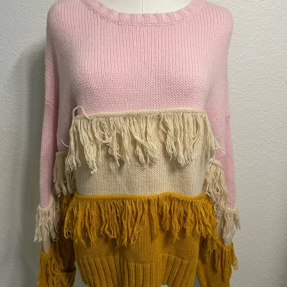 Peach Love California Colorblock Fringe Sweater